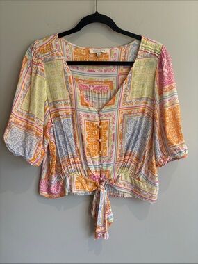 Rose & Olive Multicolor Tie-Front Patchwork Blouse